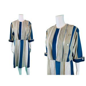 Vintage 80s Striped Dress Womens Extra Large Gray Blue Button Up Shirtdress